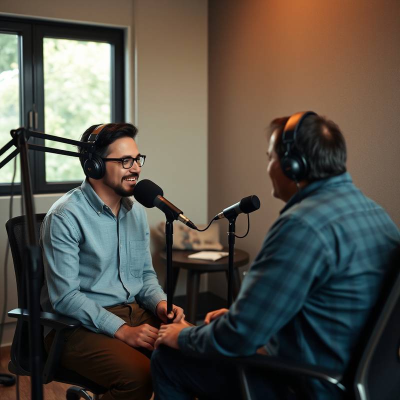 To personer som intervjuer hverandre i et podcast-studio